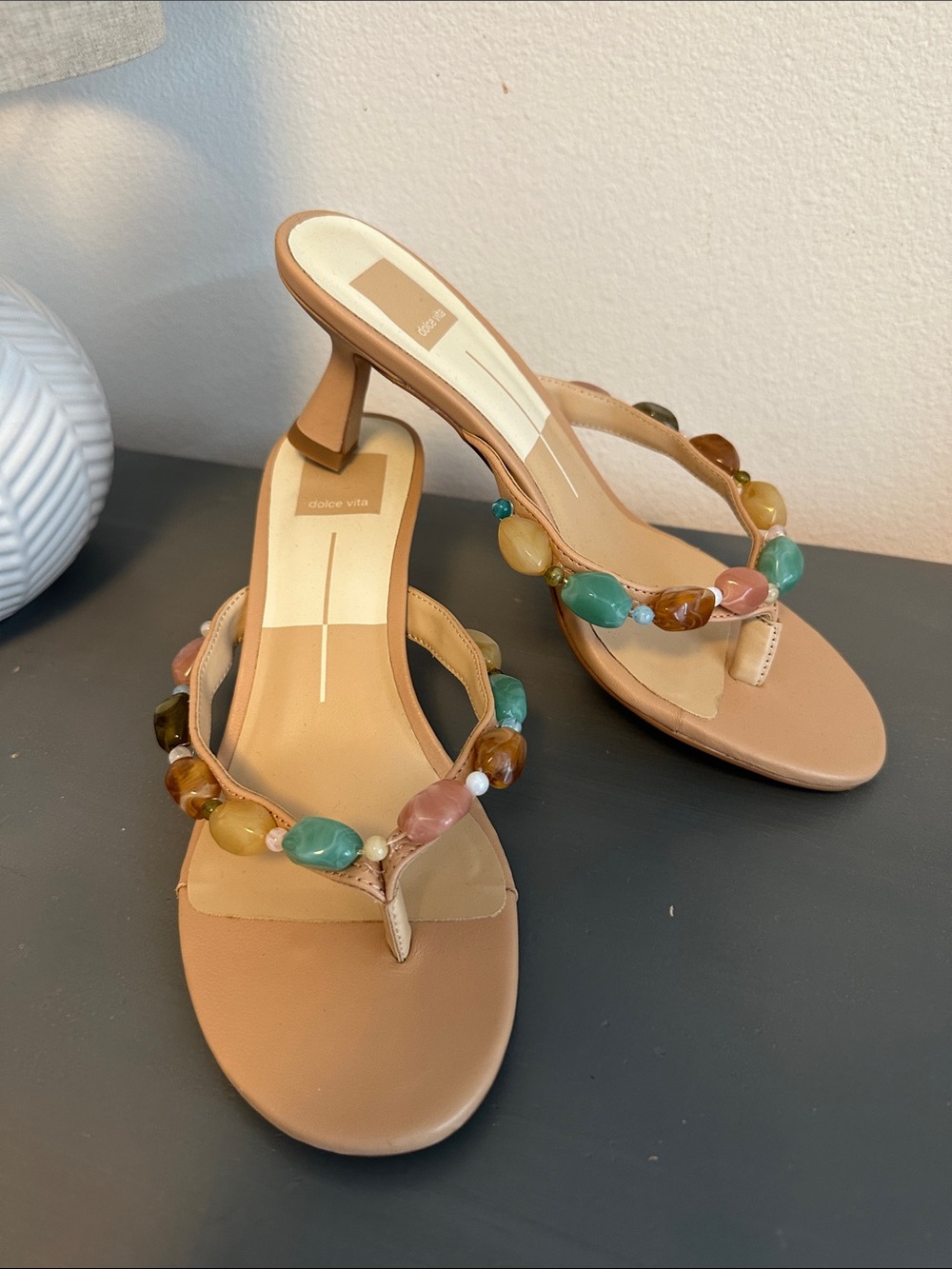 Dolce Vita Tan Mid-Heel Beaded Thong Sandals